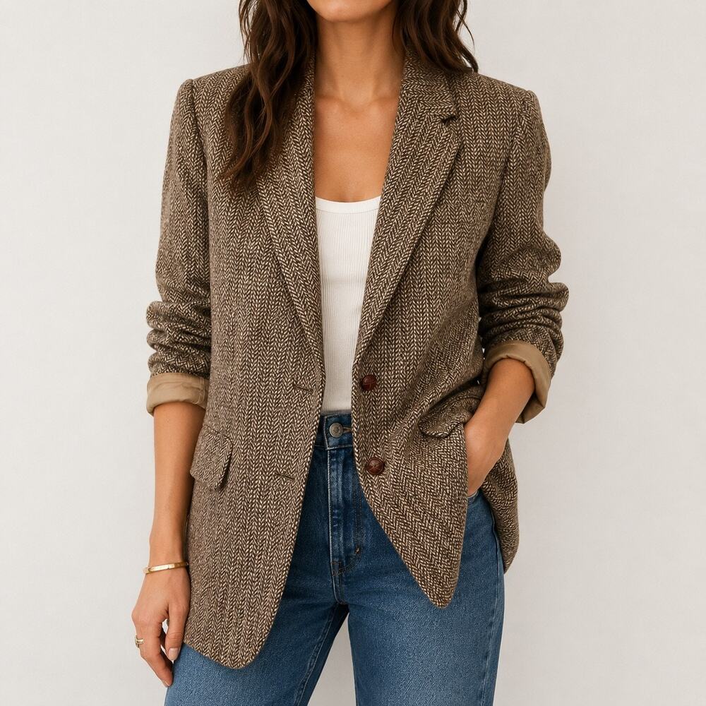 Vintage Harris Tweed Brown Heritage Herringbone Oversized Wool Blazer Preppy